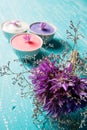 Spa lavender concept. Dried flowers and bowls with cream