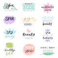 Spa lettering vector beauty calligraphic logotype design with flower sign or leaf symbol illustration handwritten set of Royalty Free Stock Photo