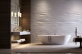 A spa-like bathroom featuring a wall with a 3D water ripple pattern,