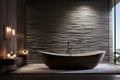 A spa-like bathroom featuring a wall with a 3D water ripple pattern