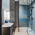 A spa-like bathroom with a freestanding bathtub, a rain shower, and a serene color palette of blues and whites1, Generative AI Royalty Free Stock Photo