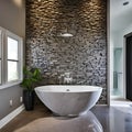 A spa-like bathroom with a freestanding soaking tub, a rain shower, and a pebble stone accent wall1, Generative AI Royalty Free Stock Photo