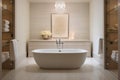 A spa-like bathroom with light-colored tiles, a freestanding tub, and elegant fixtures for a luxurious touch.