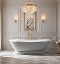 A spa-like bathroom with light-colored tiles, a freestanding tub, and elegant fixtures for a luxurious touch.