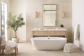 A spa-like bathroom with light-colored tiles, a freestanding tub, and elegant fixtures for a luxurious touch.