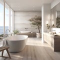 a spa like bathroom with a soaking tub in a home in grayton with beach view