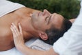 Spa, man and hands with massage for relax at resort, luxury hotel and vacation for relax and therapeutic pamper. People Royalty Free Stock Photo