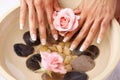 Spa, manicure and hands of a woman with rose flower and luxury wellness. Water, beauty and skincare of a model hand with