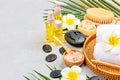 Spa massage Aromatherapy body care background. Spa cosmetics, towel and tropical leaves on gray concrete table. copy Royalty Free Stock Photo