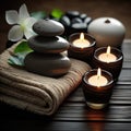 Spa Massage basalt stones with candles, lotus flowers, orchid flower and towels on bamboo mat. Generative AI Royalty Free Stock Photo