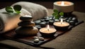 Spa Massage basalt stones with candles, lotus flowers, orchid flower and towels on bamboo mat. Generative AI Royalty Free Stock Photo