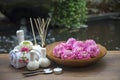 Spa massage compress balls, herbal ball with treaments spa and lotus , Thailand, soft focus Royalty Free Stock Photo