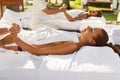 Spa Massage. Couple Enjoying Relaxing Hand Massage Outdoors Royalty Free Stock Photo