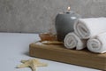 Spa massage relax. Towels scrub salt candles with space for text copyspace Royalty Free Stock Photo