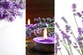Spa massage setting with lavender flowers, aroma candles and salt, collage. Royalty Free Stock Photo