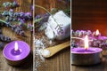 Spa massage setting with lavender flowers, aroma candles and salt on wood Royalty Free Stock Photo