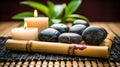 Spa Massage Stones With Candles And Towels On Bamboo Mat - Meditation Concept, generative ai Royalty Free Stock Photo
