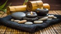 Spa Massage Stones With Candles And Towels On Bamboo Mat - Meditation Concept, generative ai Royalty Free Stock Photo