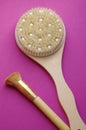 Spa massage wooden body brush on purple background Royalty Free Stock Photo