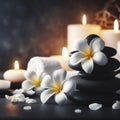 spa or meditation massage therapy center banner of white plumeria flowers and stack of black stones. ai generative