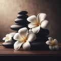 spa or meditation massage therapy center banner of white plumeria flowers and stack of black stones. ai generative