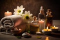 Spa meditation massage therapy center table setting of aromatic candles towels and oil bottles and flowers, Generative Ai