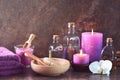 Spa natural cosmetics arrangement with aroma candles Royalty Free Stock Photo