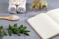 Spa with natural olive soap and sea salt and an open notebook for writing Royalty Free Stock Photo