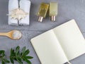 Spa with natural olive soap and sea salt and an open notebook for writing Royalty Free Stock Photo