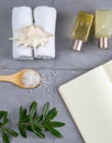 Spa with natural olive soap and sea salt and an open notebook for writing Royalty Free Stock Photo