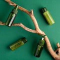 SPA natural organic cosmetics bottles and wooden branch on green background. Bio beauty products set. Skin care, body treatment. Royalty Free Stock Photo
