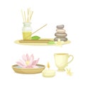 Spa objects set. Aromatic reed diffuser, pebble stones, lotus flower, burning candle. Beauty routine and skin care