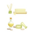 Spa objects set. Aromatic reed diffuser, towel, bottle of oil, mortar and pestle. Beauty routine and skin care vector