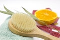 Spa organic brush for dry massage on towel, orange, sprig of eucalyptus and a tape measure on white background. Cactus brush. Anti Royalty Free Stock Photo