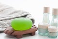 Spa Package with aloe vera soap, towel and lotion bottles Royalty Free Stock Photo