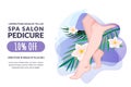 Spa pedicure and feet massage, vector illustration. Women legs, tropical leaves, flowers on water splash background Royalty Free Stock Photo