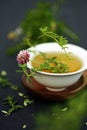 Spa with pink clover flowers and thyme herbal tea isolated on dark background Royalty Free Stock Photo