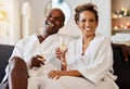 Spa, portrait and black couple champagne toast for marriage, wellness and love together with joyful smile. Happy Royalty Free Stock Photo