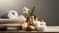 spa procedures center beauty treatment items massage stone towels candles soap salt comfort essential oils flowers rest Royalty Free Stock Photo