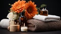 spa procedures center beauty treatment items massage stone towels candles soap salt comfort essential oils flowers rest Royalty Free Stock Photo