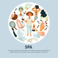 Spa procedures promotional poster with beautician and clients