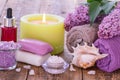 Spa products and accessories. Aromatic oil, soap, sea salt, towels Royalty Free Stock Photo