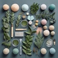 Spa products and bath bombs with eucalyptus flat lay. Generative AI