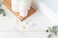Spa products on light wooden background Royalty Free Stock Photo