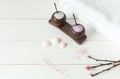 Spa products on light wooden background Royalty Free Stock Photo