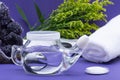 Spa purple background with Neti Pot, pile of Saline, rolled up White Towels and stacked Basalt Stones. Sinus wash. Royalty Free Stock Photo