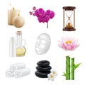 Spa realistic. Beauty and relax salon alternative medicine zen towel lotus orchid bamboo stones decent vector collection