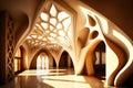 spa reception, fractal fluid architecture, detailed, ultrarealistic, low sunlight angle , warm interior lighting, moroccon spirit