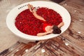 Spa Relax. Beautiful Bikini Woman lying in round jacuzzi with red rose petals. Health And Beauty. Sexy Girl in red swimwear Royalty Free Stock Photo