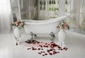 Spa Relax In Flower Bath. Spa Salon. Bath with rose petals. Relaxation with rose petals. Composition. still life Royalty Free Stock Photo